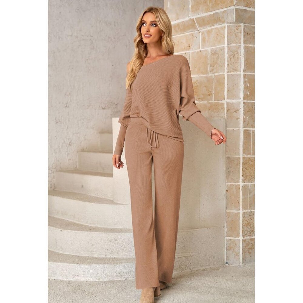 Women’s Knit Two-Piece Set Off-Shoulder Sweater Wide Leg Pants Loungewear - Picture 4 of 8